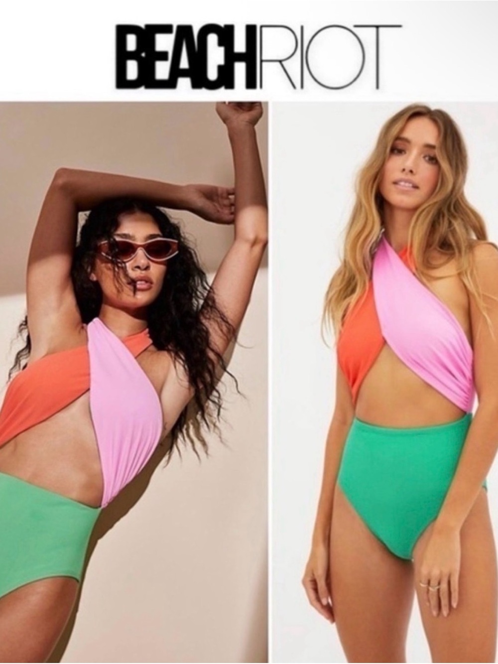 BEACH RIOT Colorblock Twist One-Piece Swimsuit - Pink, Orange & Green